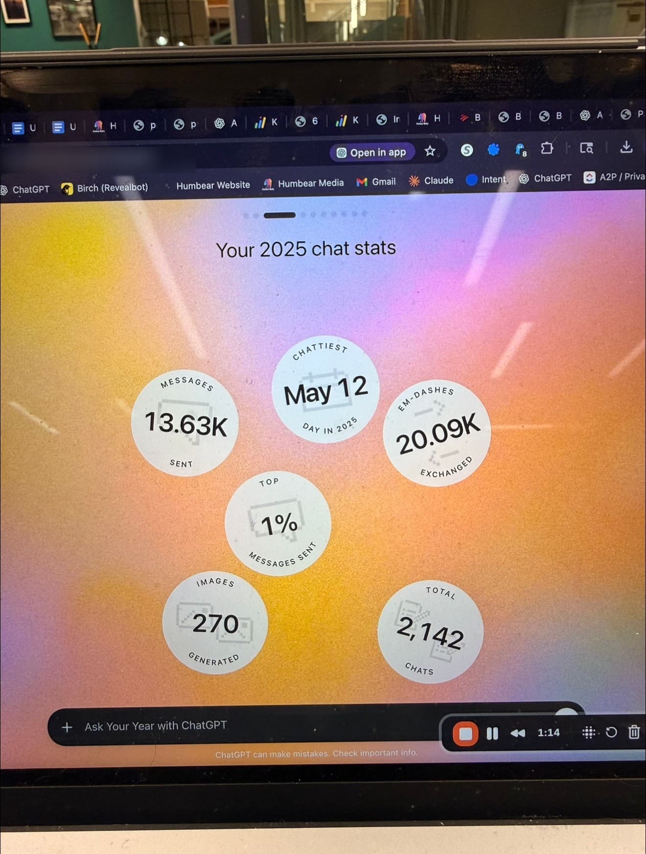ChatGPT 2025 chat stats showing top 1% of users by messages sent