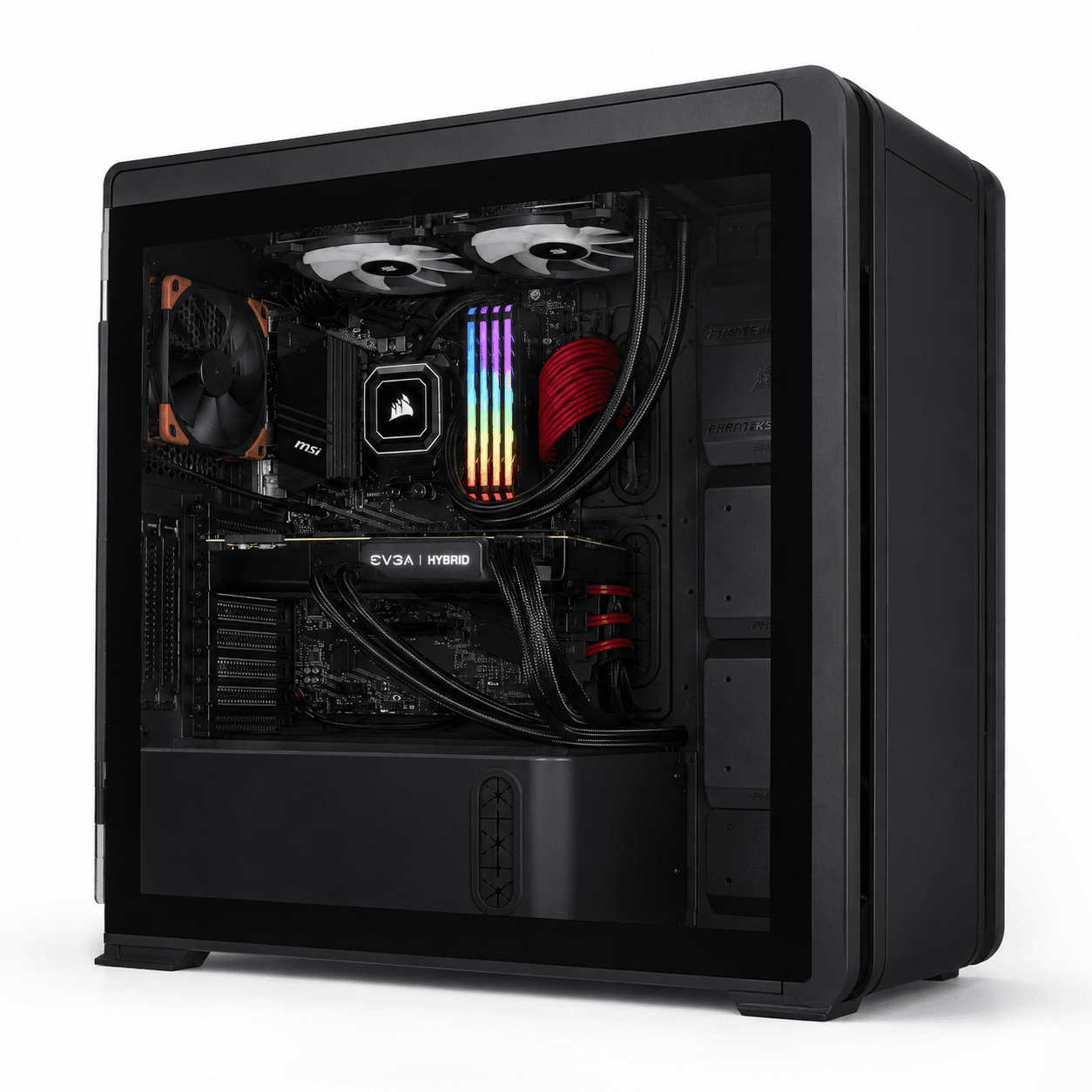 Interior through the tempered-glass side panel — EVGA RTX 3090 Hybrid, Corsair AIO, and RGB memory