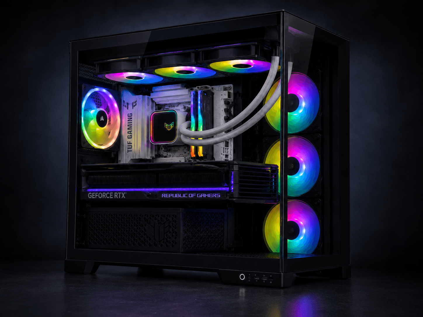 Angled view of the black Corsair 4500X BTF — white ASUS TUF Gaming B850 board, black TUF LC II 360 ARGB cooler, RGB fans, and the ROG Astral RTX 5090