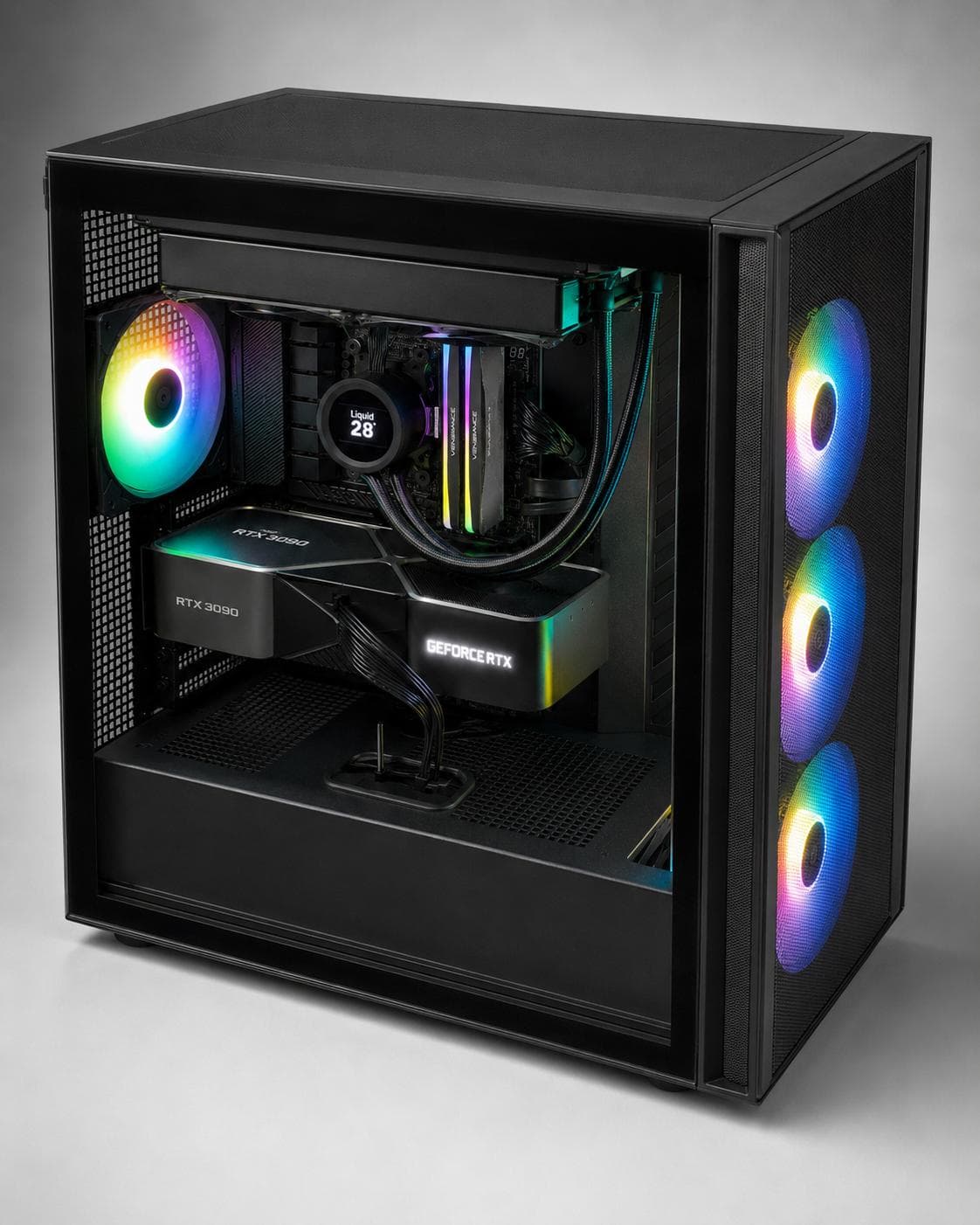 Angled view of the full case — tempered-glass side panel, lit interior, and triple-fan mesh side intake